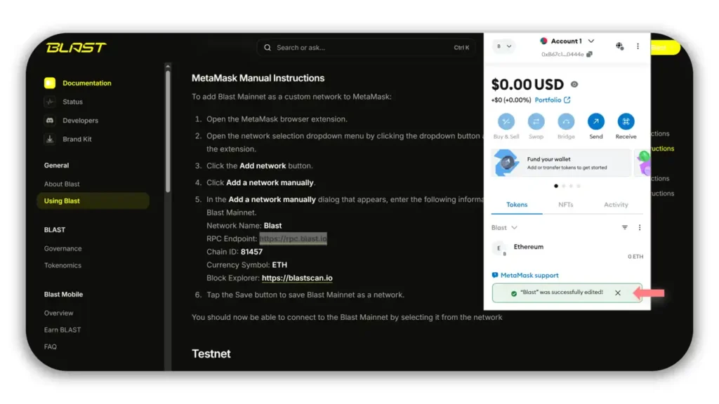 add blast network to metamask manually
