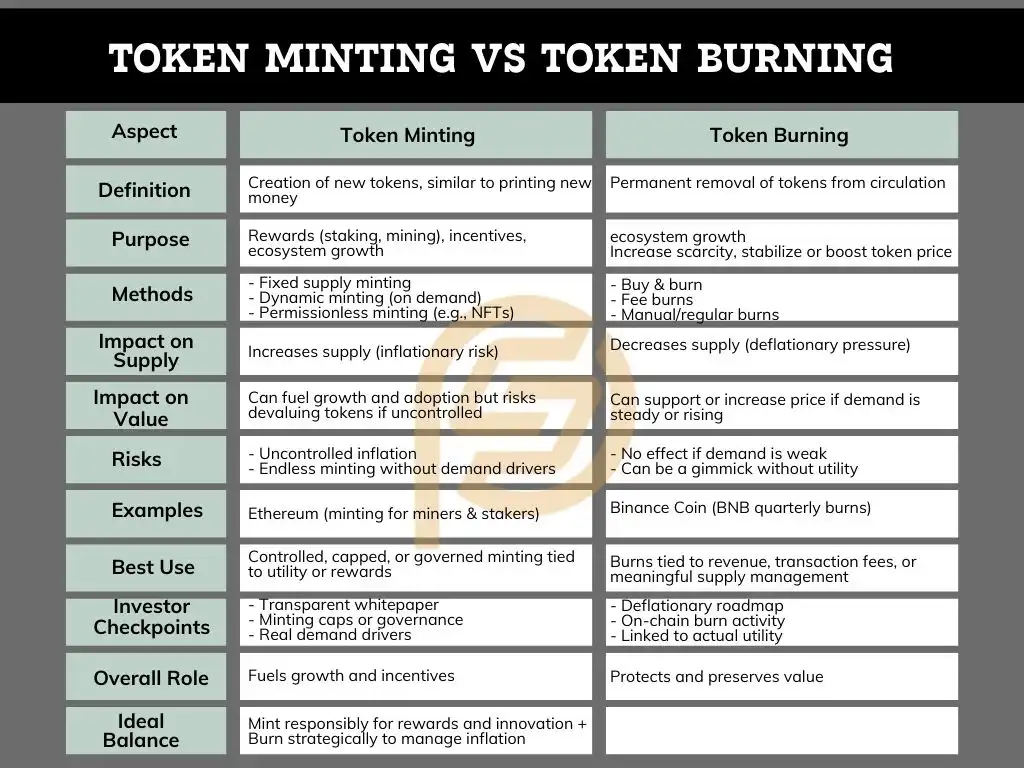 Token burning vs token tokenomics table summary table
